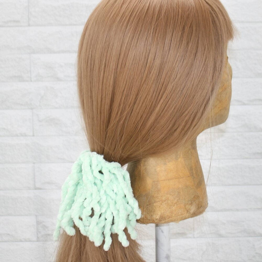 HAND CRAFTED Hair Scrunchie Crochet Chenille Velvet Oversized Pastel Green - Picture 5 of 15